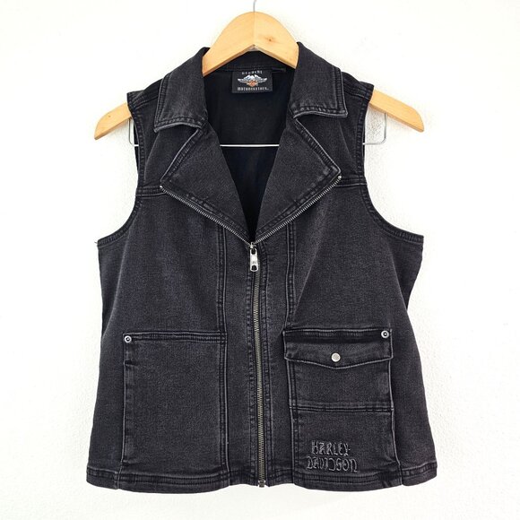 Harley Davidson Womens Sz M Winged Rhinestones Logo Zip-Front Denim Vest Black - Picture 2 of 14